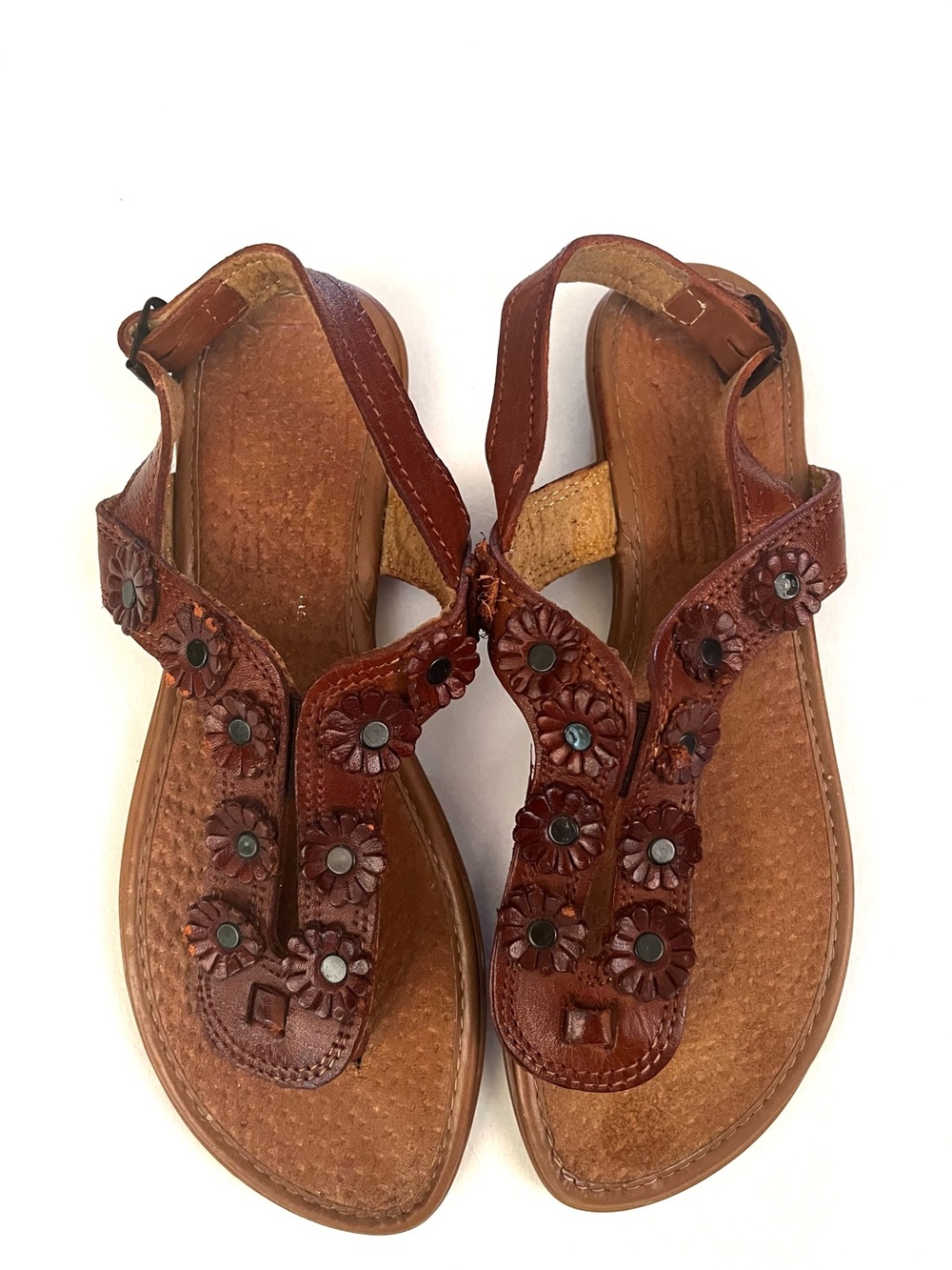 Brown Floral Leather T-Strap Sandals for Women